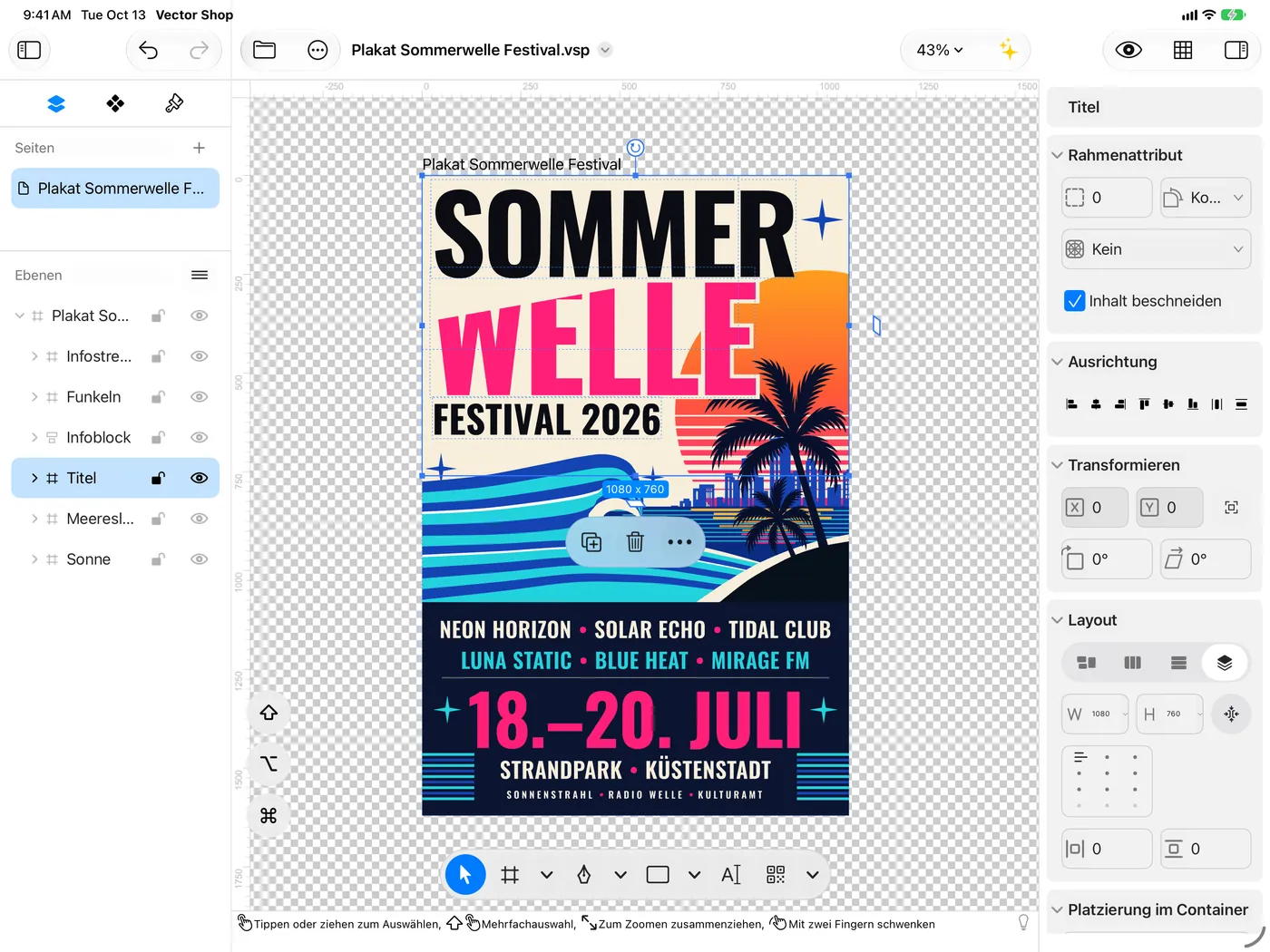 iPad im Querformat: dasselbe Summer-Wave-Poster mit ausgewähltem Titel