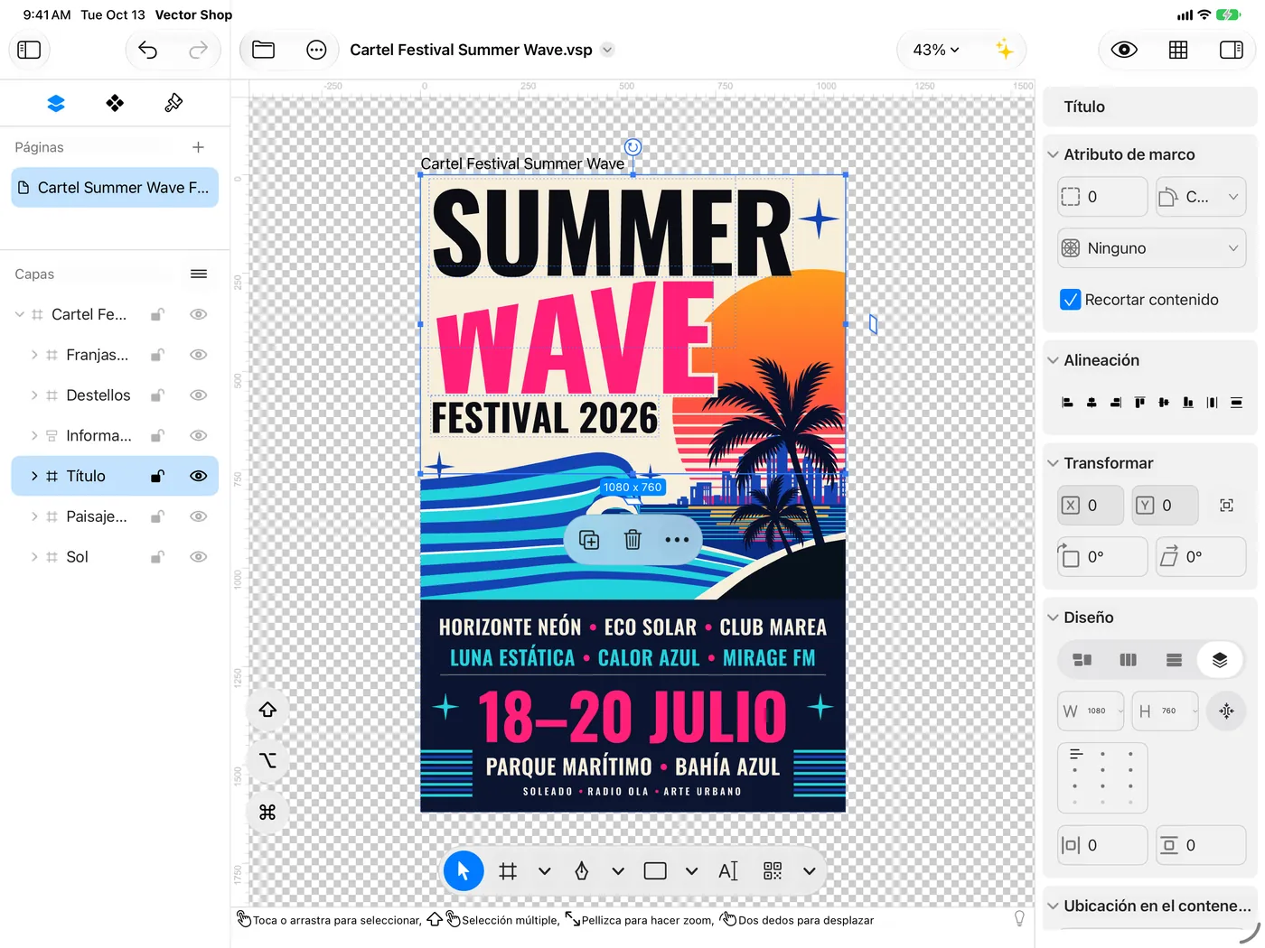 iPad en horizontal: el mismo póster Summer Wave con el título seleccionado