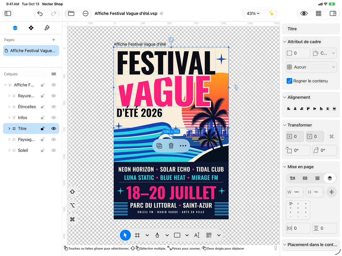 iPad en mode paysage&nbsp;: la même affiche Summer Wave, titre sélectionné