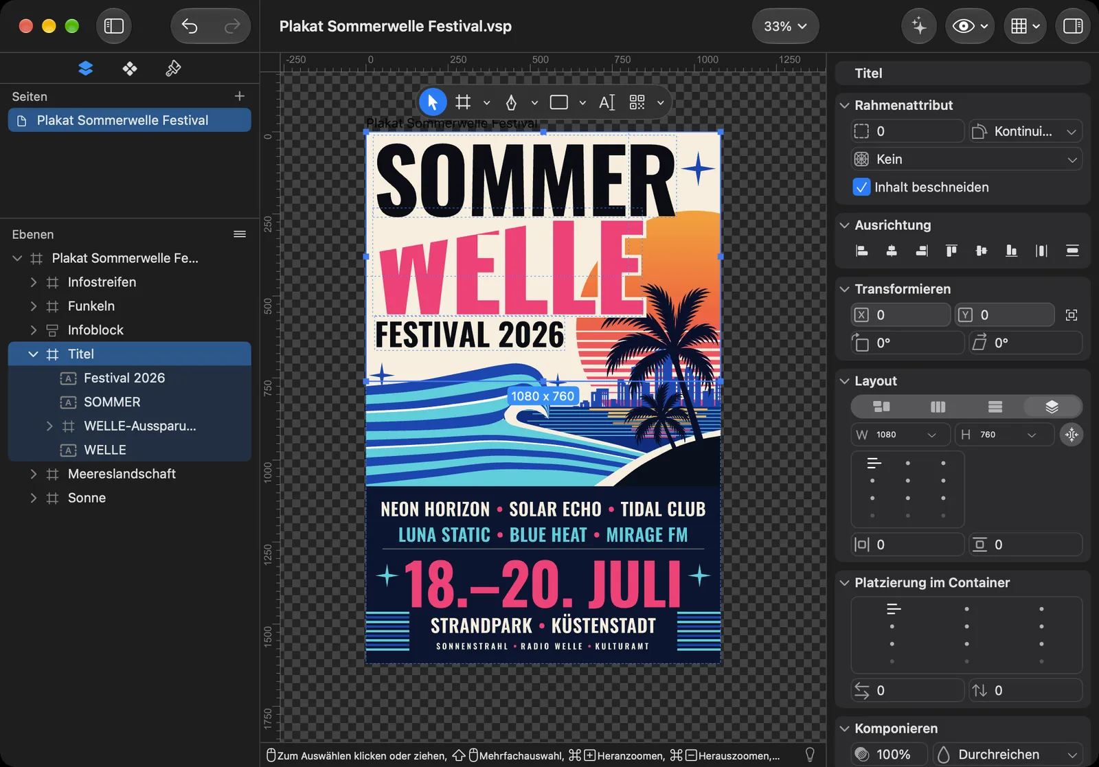Mac: das Summer-Wave-Poster geöffnet im Editor, links der Ebenenbaum, rechts der Inspektor