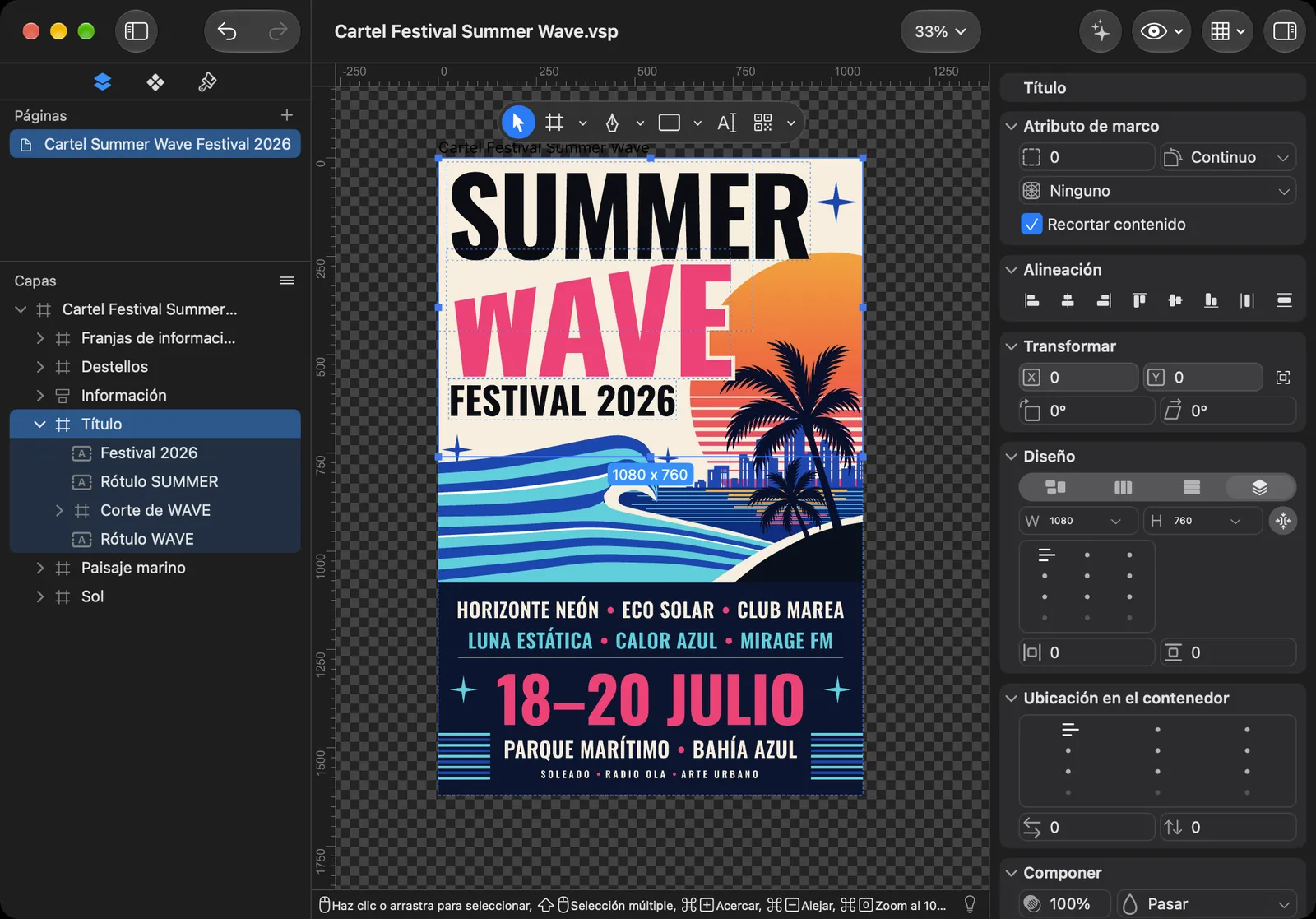 Mac: el póster Summer Wave abierto en el editor, con el árbol de capas a la izquierda y el inspector a la derecha
