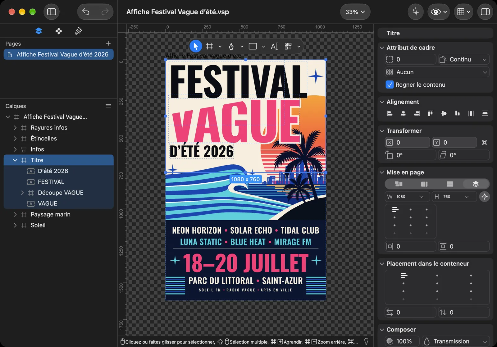 Mac&nbsp;: l'affiche Summer Wave ouverte dans l'éditeur, avec l'arborescence des calques à gauche et l'inspecteur à droite